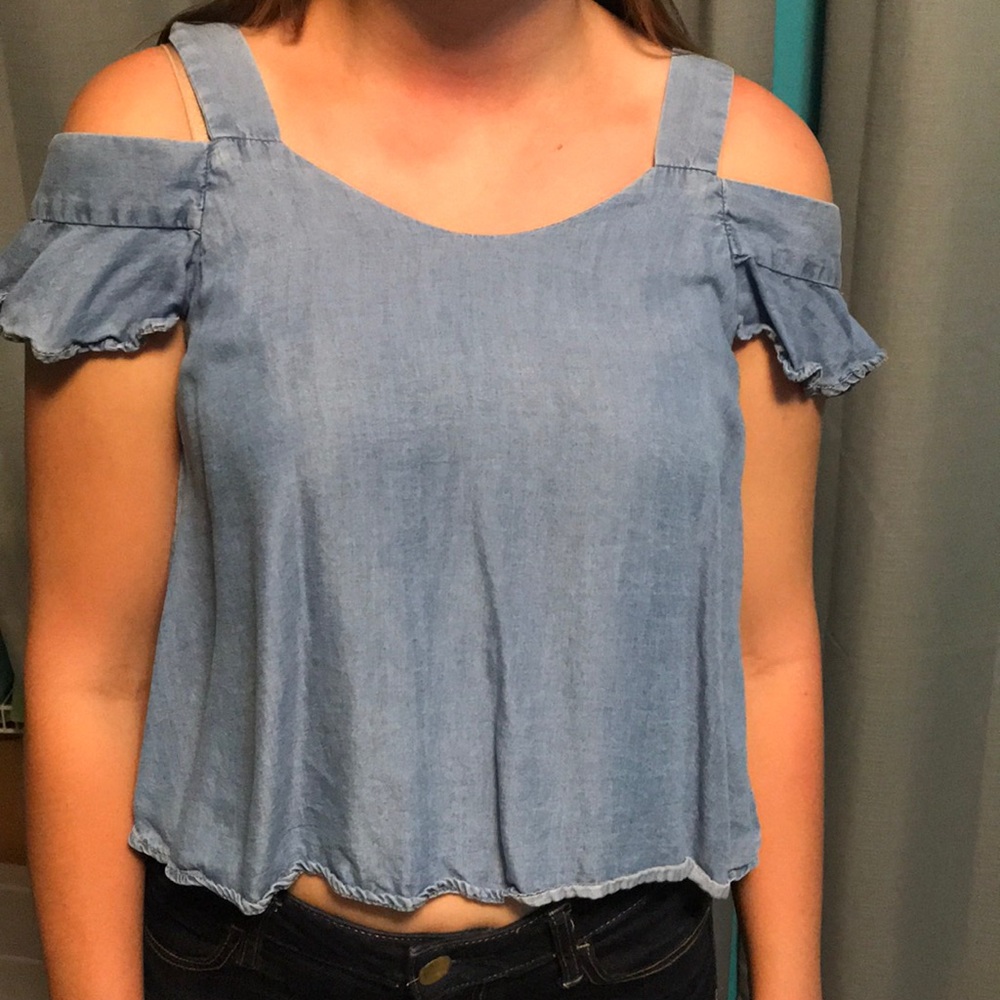 Blue off the shoulder shirt